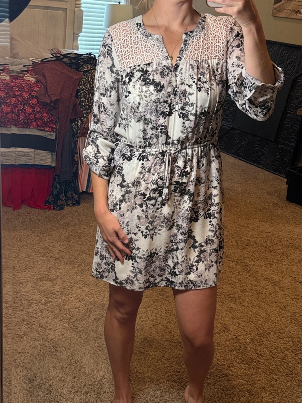 DR2 White Dress with Black Floral Print ans lace top